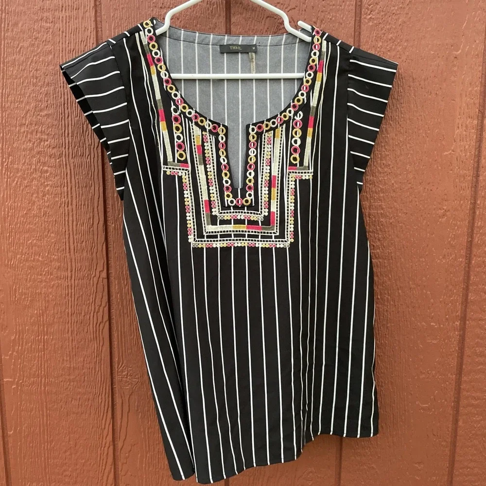 THML top Medium Black White Striped With Green Tan Pink And Yellow Embroidery - Picture 1 of 16